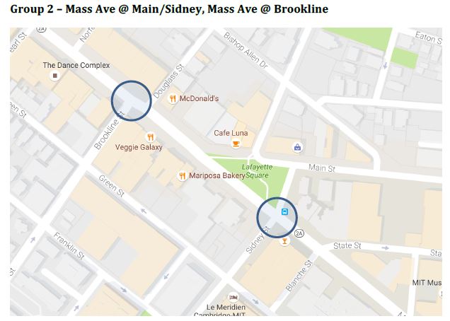 A map of Central Square in Cambridge, Massachusetts, with key intersections highlighted.