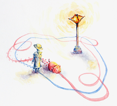 A man walking a pig around a lamppost.