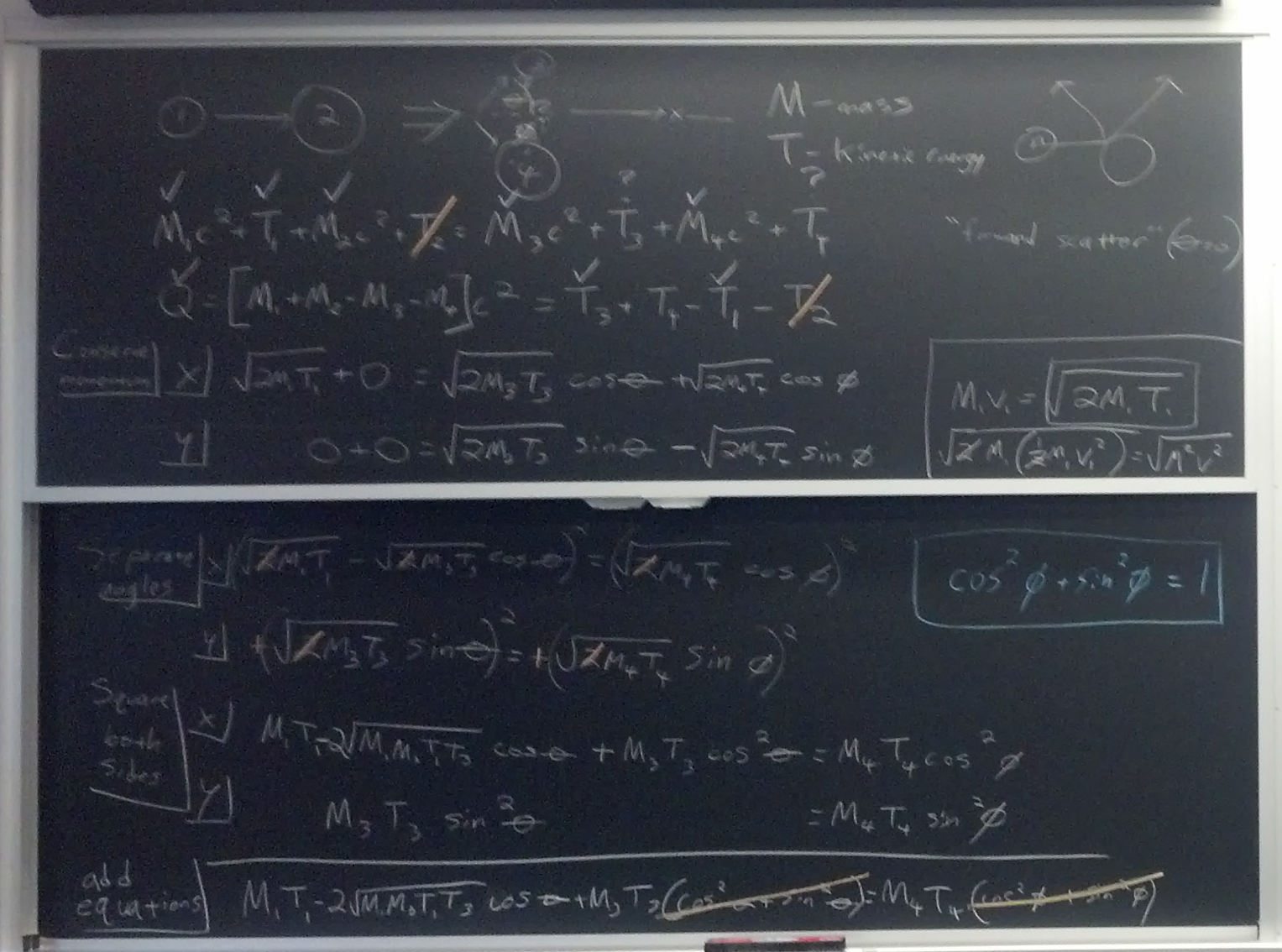 Nuclear reaction related equations on two blackboards.