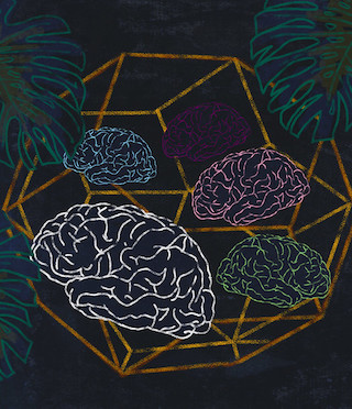 Outline illustration of brains on black background.