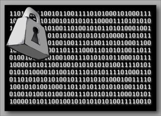 A black rectangle filled with binary code in white. A cartoonish lock floats in the upper left hand corner.