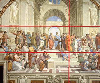 A classic painting from the 5th century shows men dressed in togas gathered on the steps together. Two red horizontal lines run parallel across the image and are intersected by a vertical red line.